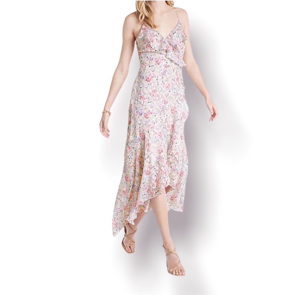 Express White Floral Print Ruffle Faux Wrap Hi-Lo Maxi Dress